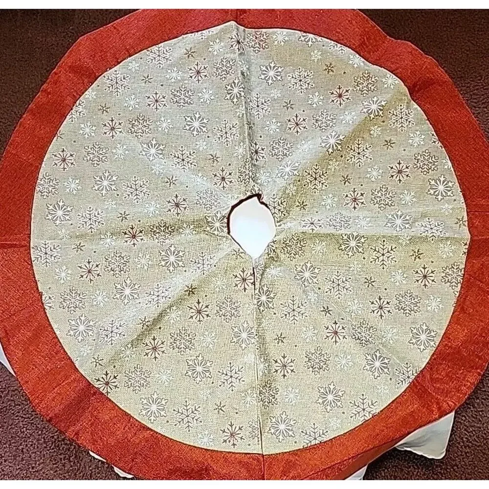 Christmas Tree Skirt Burlap Red Brown Snowflakes 34
